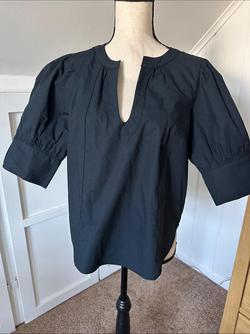 Anthropologie Blue Notch-Neck Puff-Sleeve Blouse
